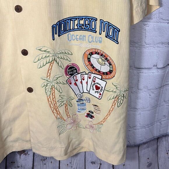 Montego Mon Ocean Club Casino Poker 100% Silk Shirt Hawaiian Beach Camp Size L - Picture 2 of 8